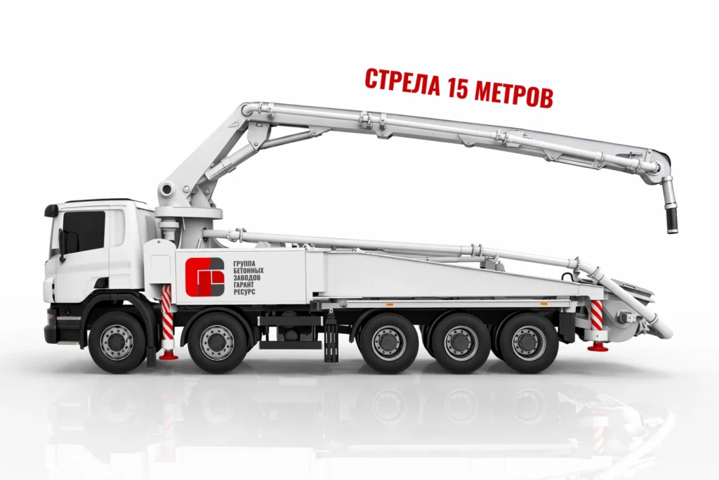 Автобетононасос со стрелой 15 м для подачи бетона на объекте в Дергаево