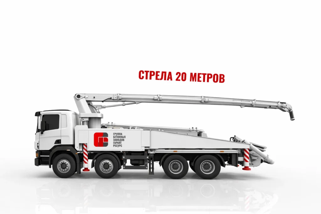 Автобетононасос со стрелой 20 м для подачи бетона на стройке в Дергаево