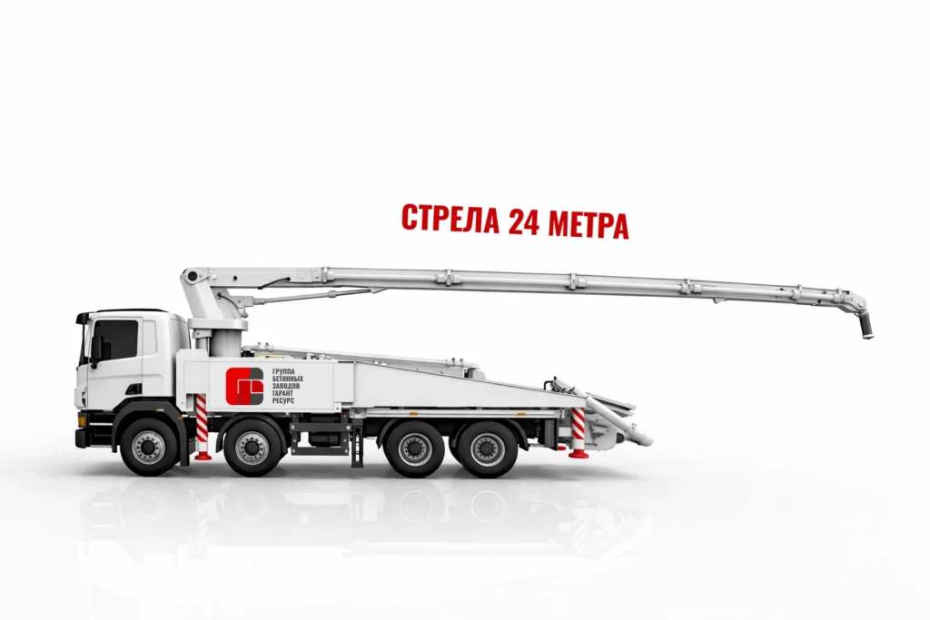 Автобетононасос со стрелой 24 м для подачи бетона на строительном объекте в Дергаево