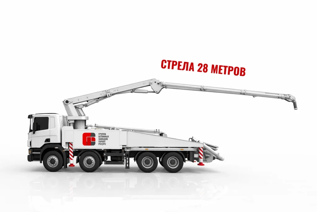 Автобетононасос со стрелой 28 м для подачи бетона на объект в Дергаево