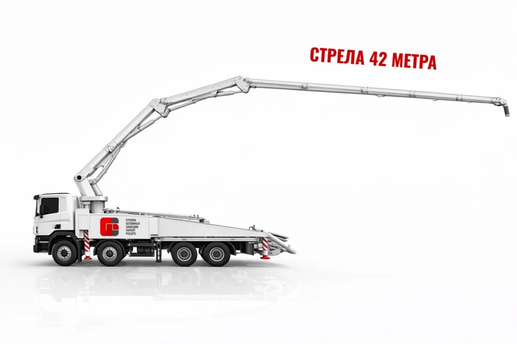 Автобетононасос со стрелой 42 м для подачи бетона на высоту в Дергаево